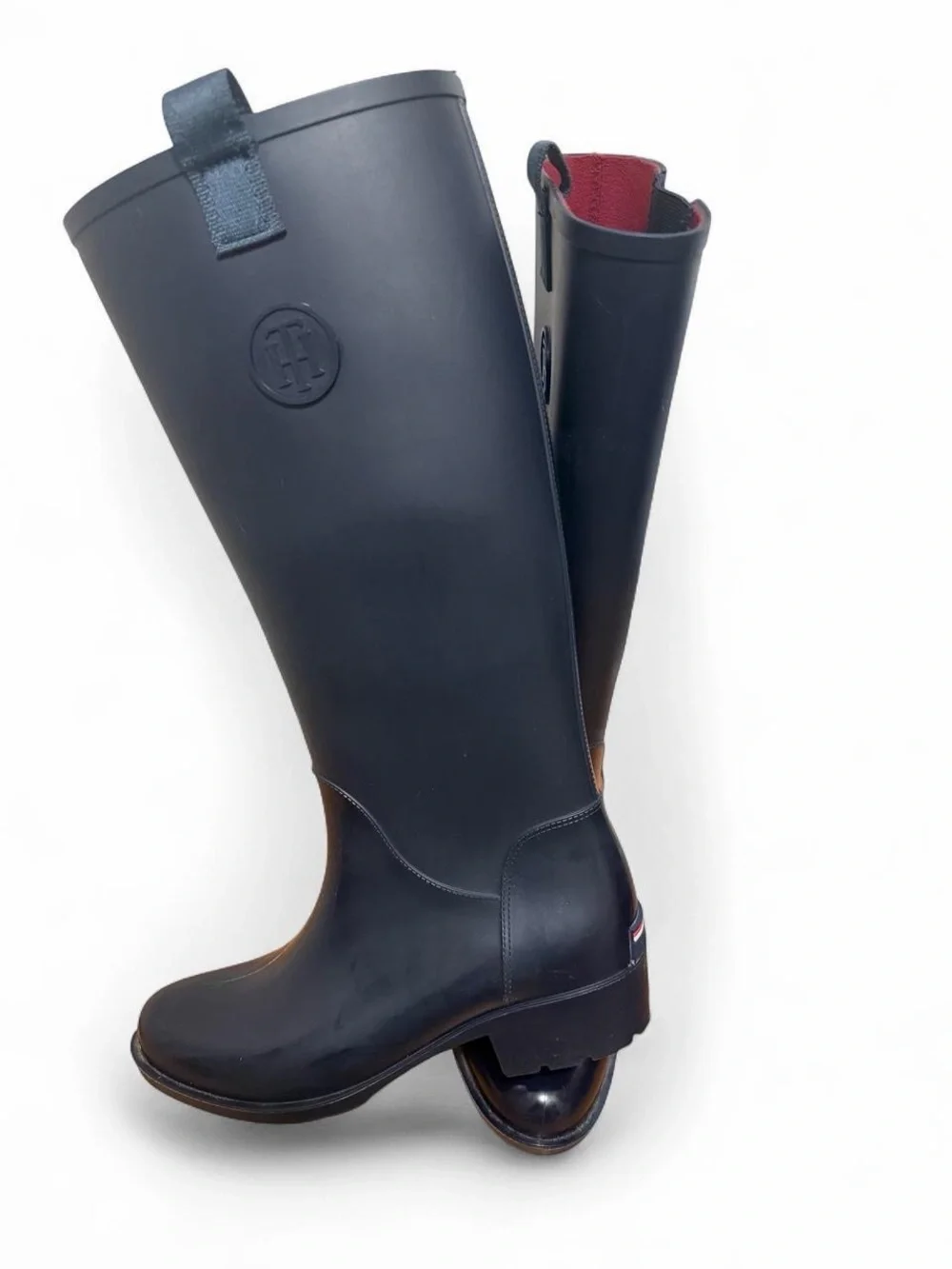 Tommy Hilfiger Black Knee-High Rain Boots with Red Interior